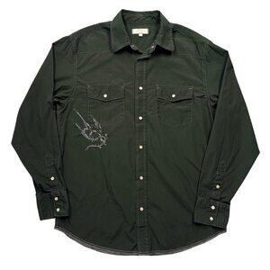 Old Navy Pearl Snap Shirt Embroidered Bird Mens M Olive Americana Indie Western